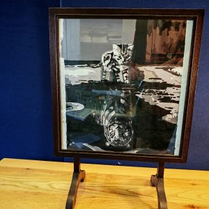 Metamorphic Vintage Side Table/Firescreen with Hand-Painted Kitten and Tiger Reflection - Good Condition