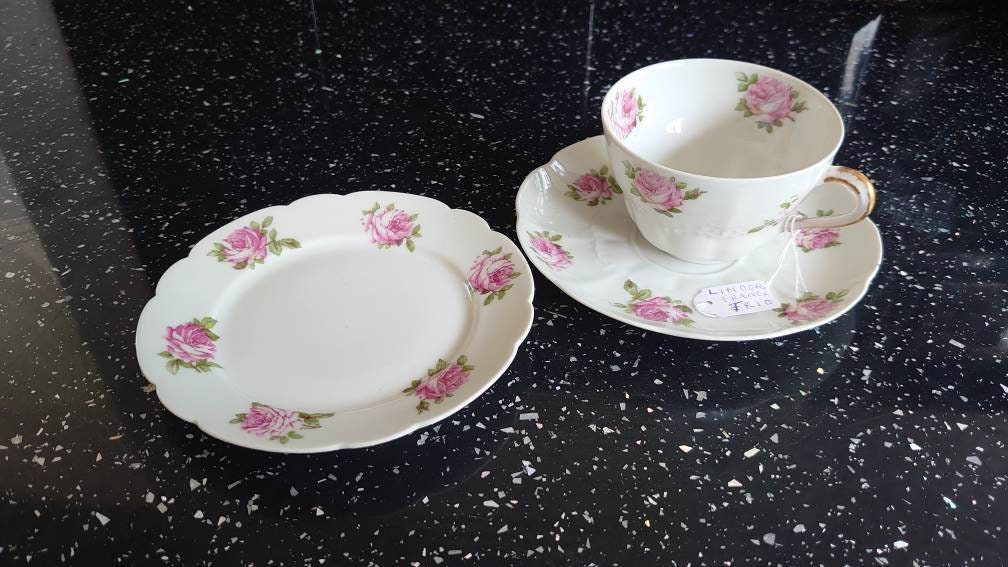 French Limoges Rose Porcelain Trio - circa 1900s. Excellent condition