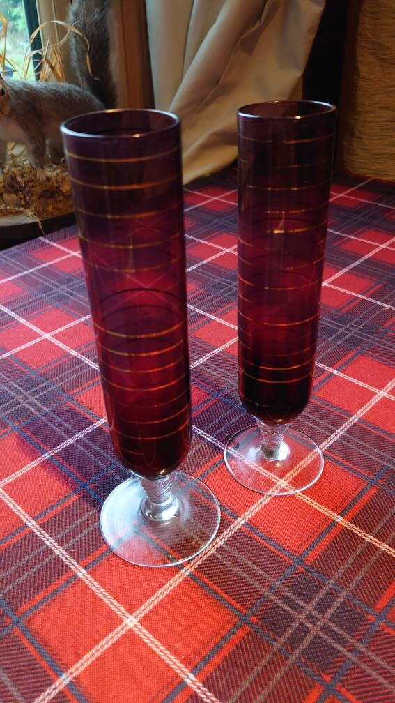 Two Red and Gold banded Glass Champagne Flutes - Image 5