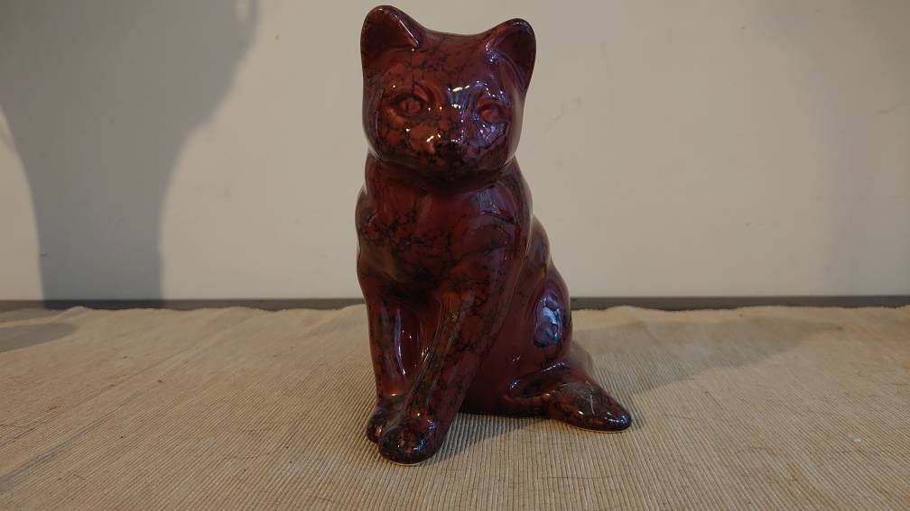 Vintage Burgundy Ceramic Cat - 14.5 cm