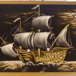 White, Yellow and Orange Oil Painted Carrack Ship on Black Felt - Very good condition - Eyecatching design - 94cm x 65cm x 2cm