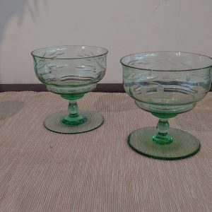 Two Green Glass Dessert Bowls - Etched design - 9.5cm high - 9.5cm wide