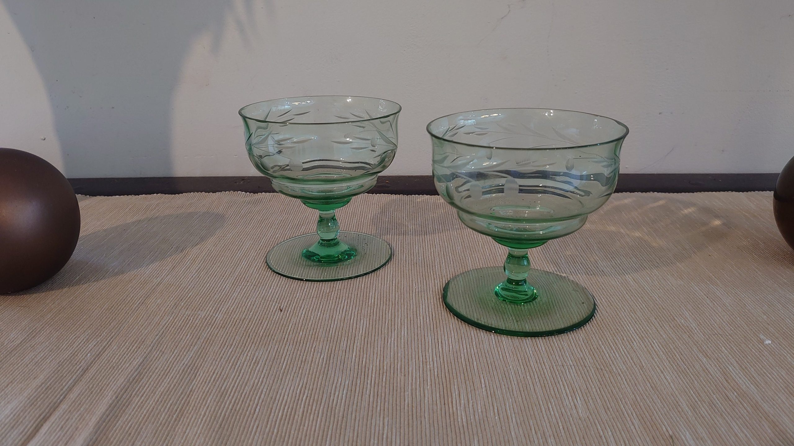 Two Green Glass Dessert Bowls - Etched design - 9.5cm high - 9.5cm wide