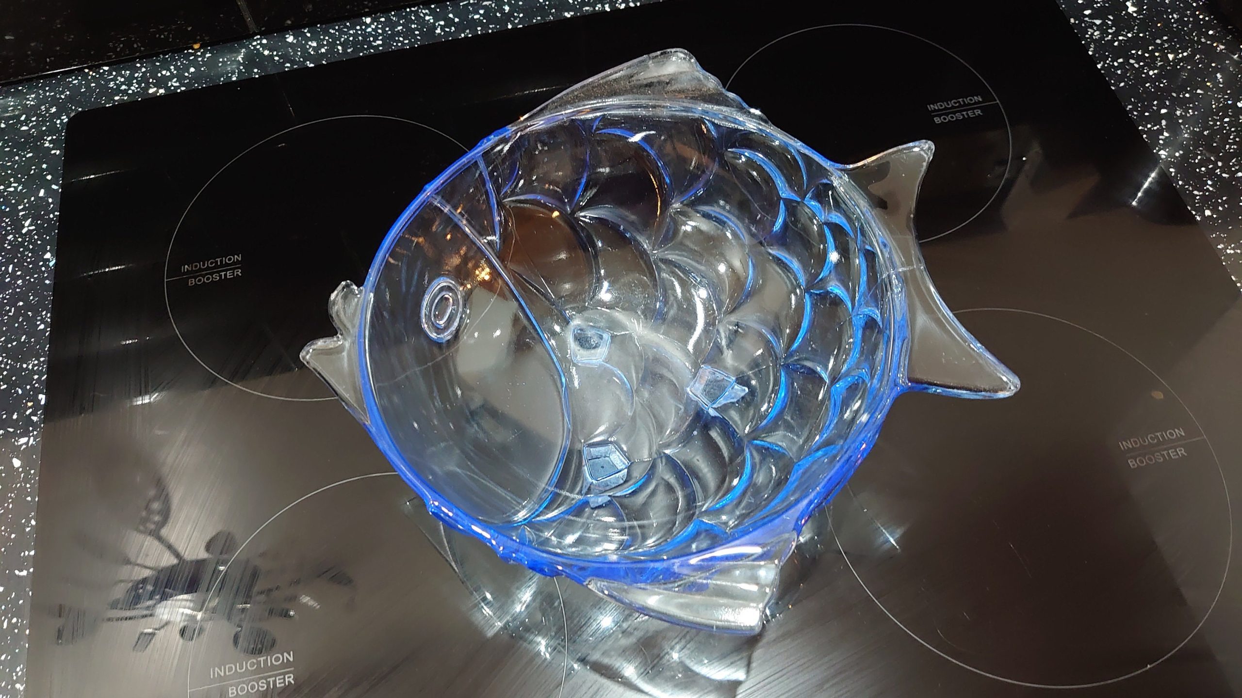 Large Blue Glass "Fish" Bowl - Excellent condition - 26.5cm diameter