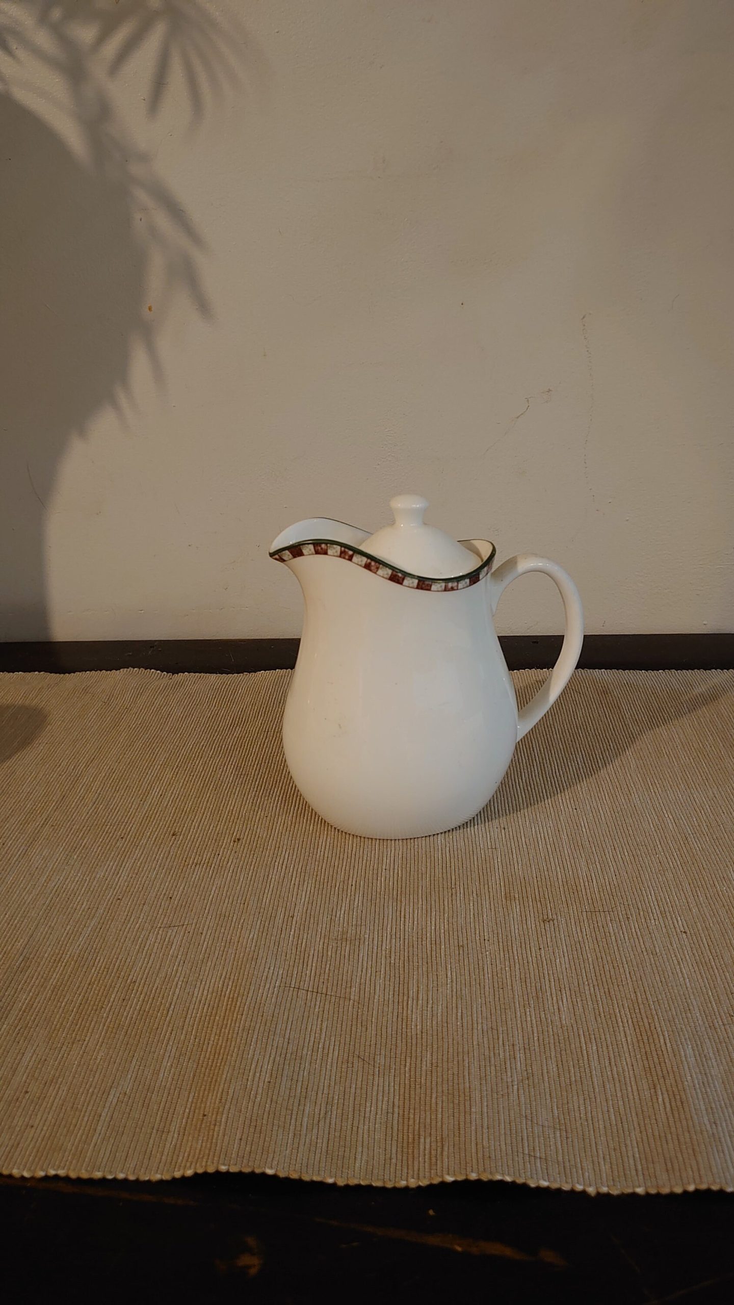 White Wedgwood Milk Jug - Burgundy and Grey Chequer pattern around the rim - 14.5cm tall - Image 2