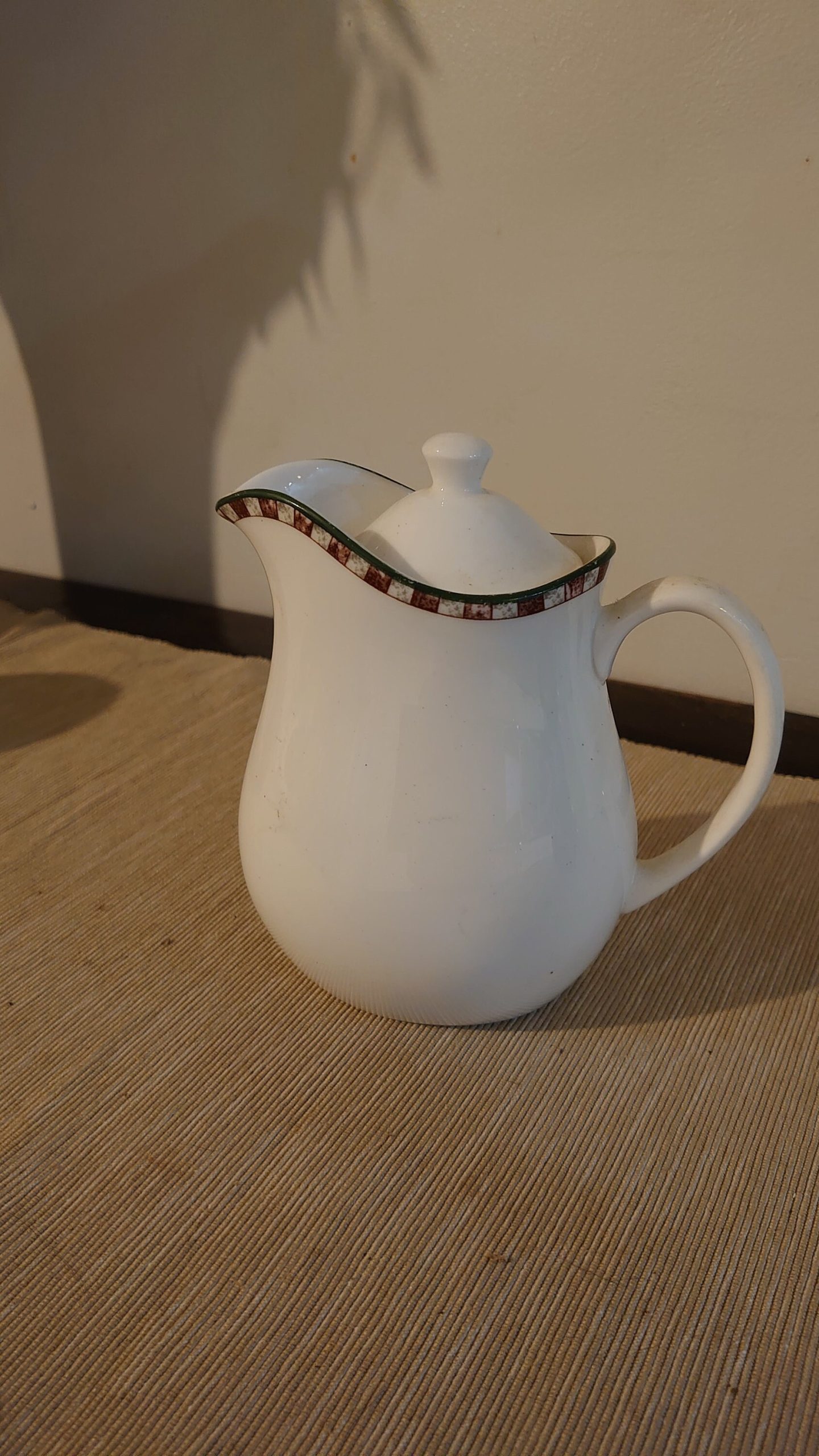 White Wedgwood Milk Jug - Burgundy and Grey Chequer pattern around the rim - 14.5cm tall - Image 3