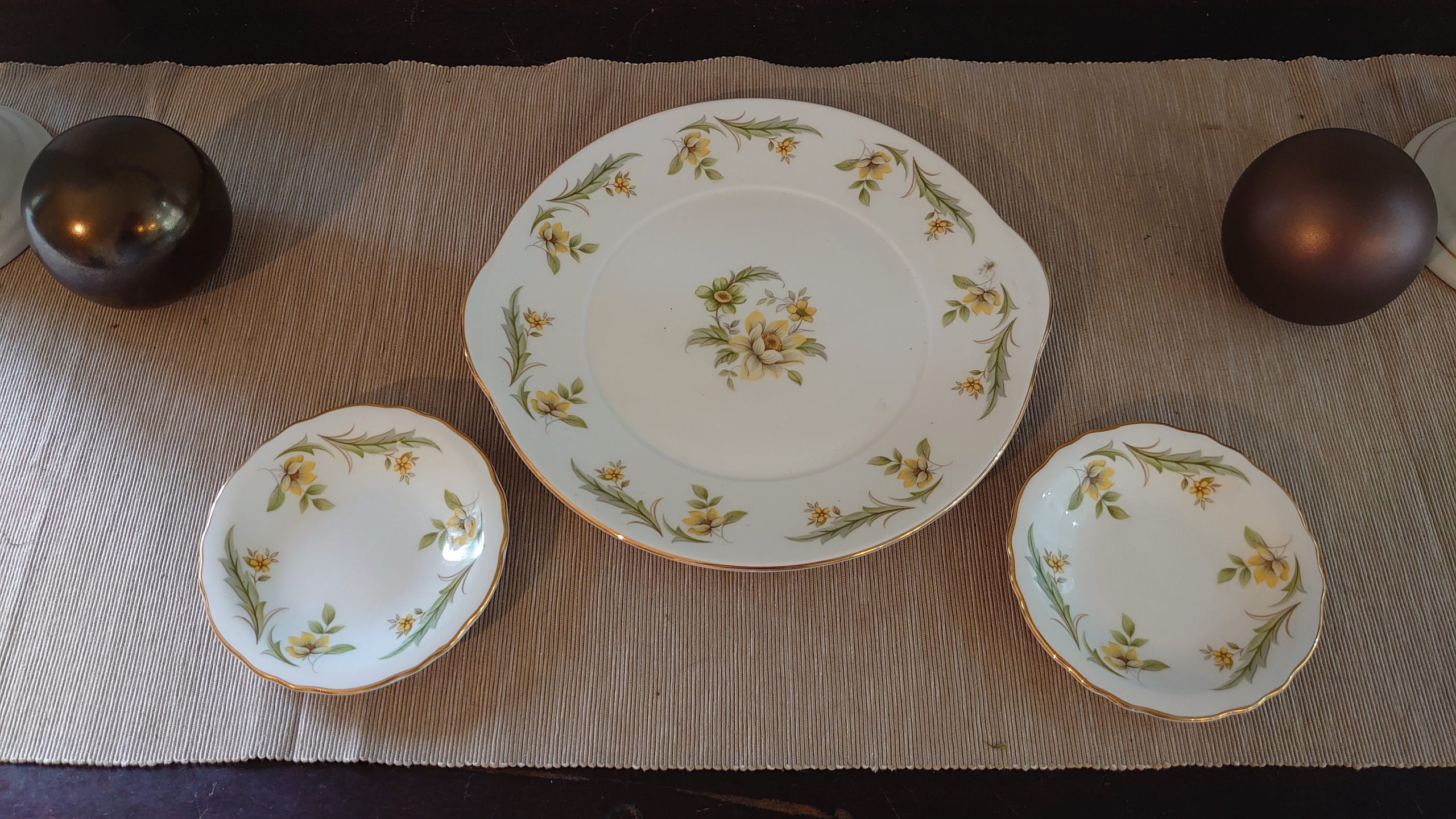 Three Piece Royal Grafton Yellow Rose Plate Set - Sandwich plate and 2x Side Plates - Very Good to excellent condition