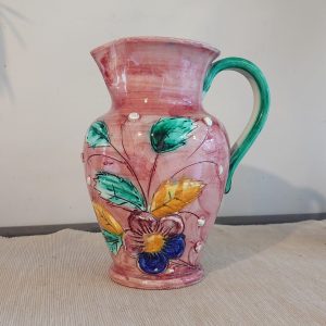 Handpainted Italian Pink Vase / Jug with Embossed Floral Design - 19cm high