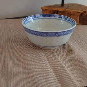 Authentic Original Chinese Rice Bowl - Opaque Diamond Cut-out Patterning - Blue and White
