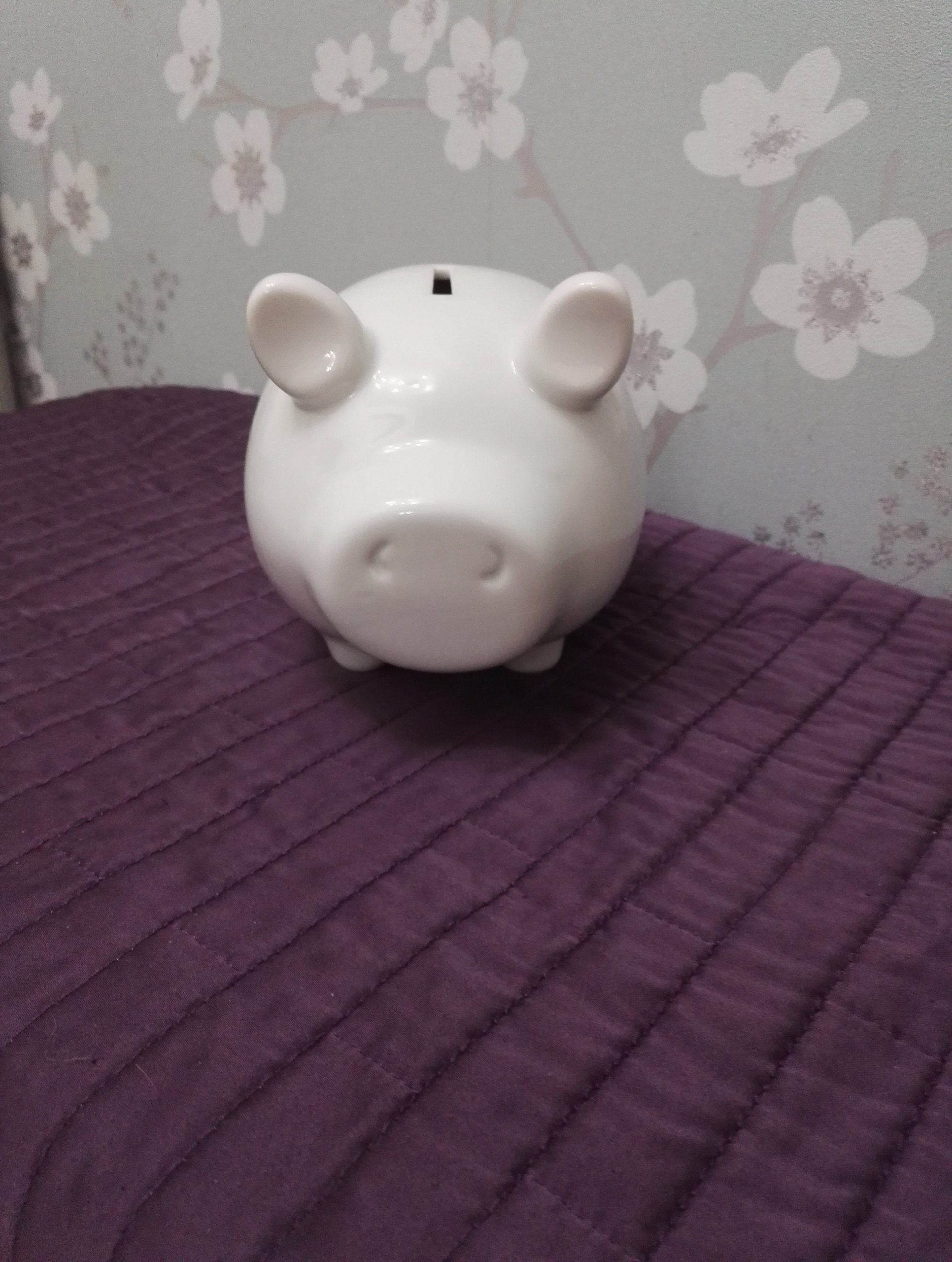 White Ceramic Piggy Money Box - Excellent Condition 13cm tall to top of Ear - Width 21cm