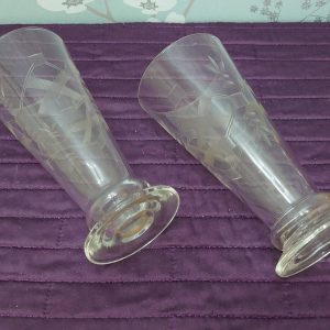 Two Etched Flute Glasses with Windmil Sail/Bezel Patterning - 16.5cm tall - 7cm diameter