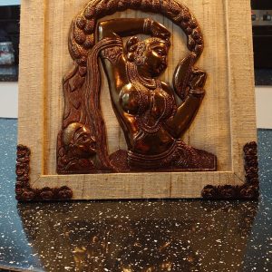 Vintage Indian Metallic Saraswati Goddess Plaque - 25cm tall - With Linen and Wood frame - Good to Very Good condition
