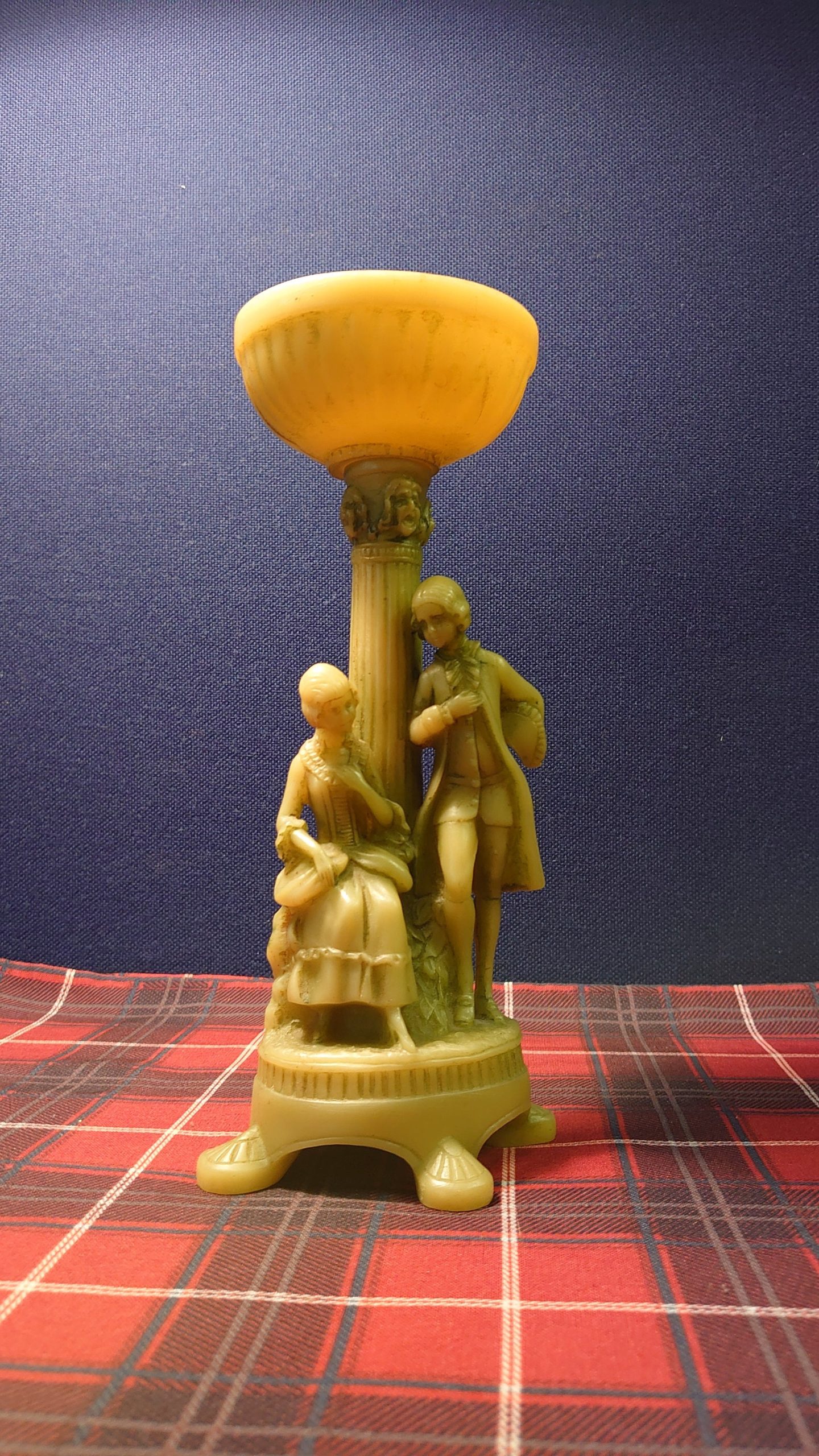 Jade-Effect Resin Candlestick depicting Edwardian Pair - Acceptable to Good Condition - 28cm tall - 10cm diameter - Image 2