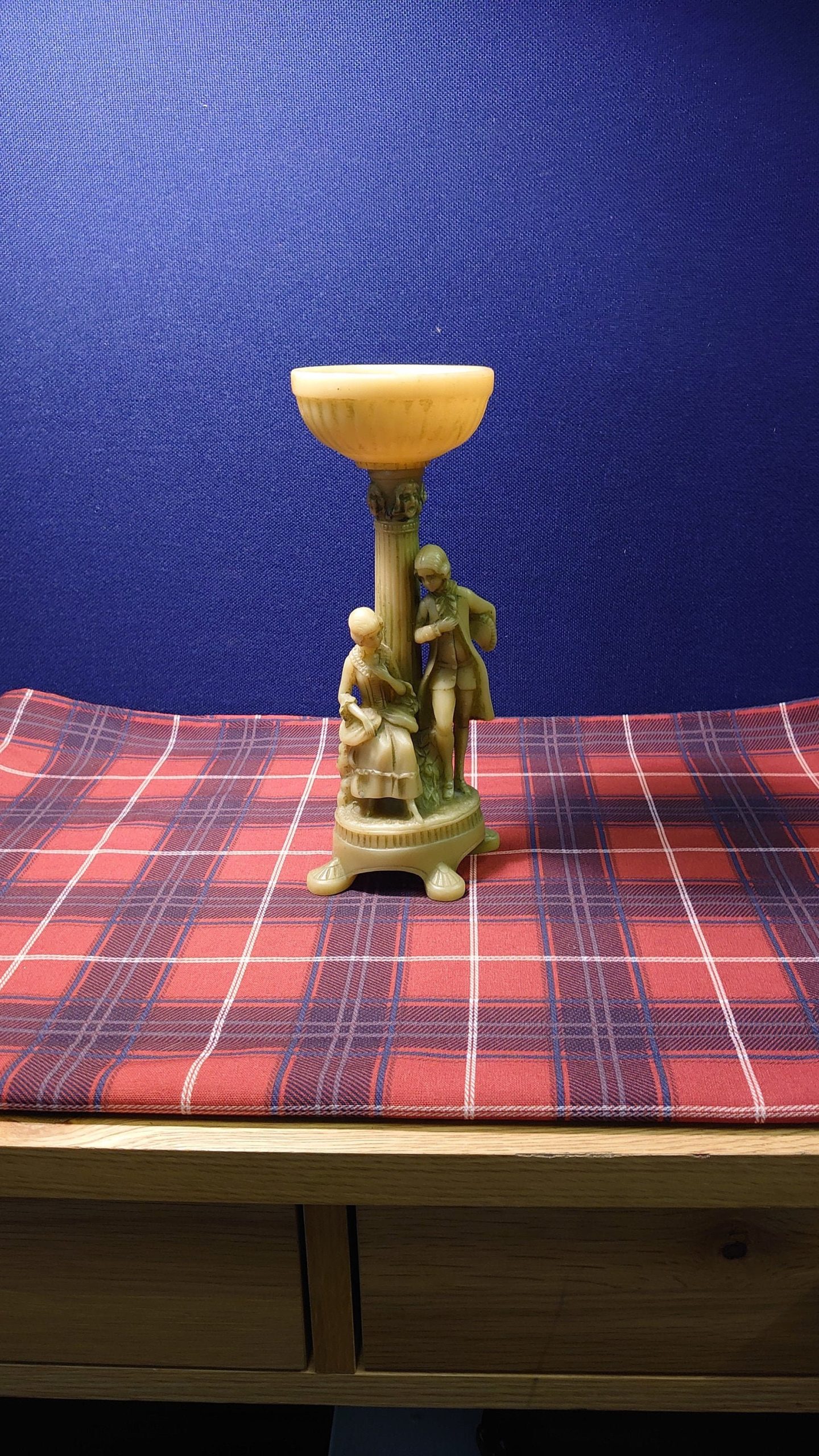 Jade-Effect Resin Candlestick depicting Edwardian Pair - Acceptable to Good Condition - 28cm tall - 10cm diameter