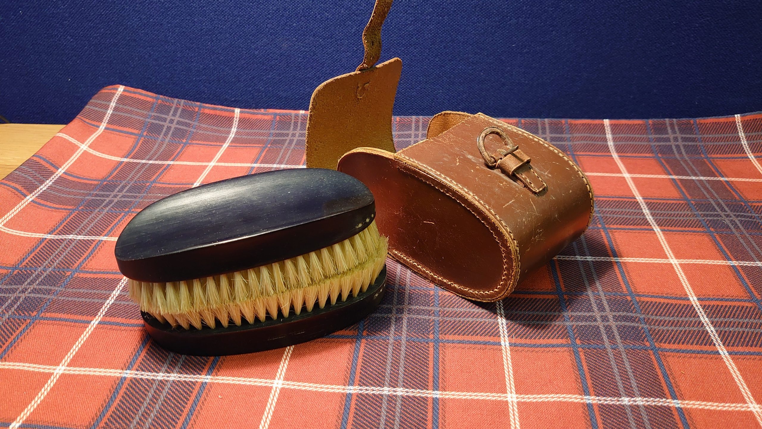 Vintage Gentleman's Ebony Dress Brush Pair in a Leather Case with Strap and Buckle - Good to Very Good condition