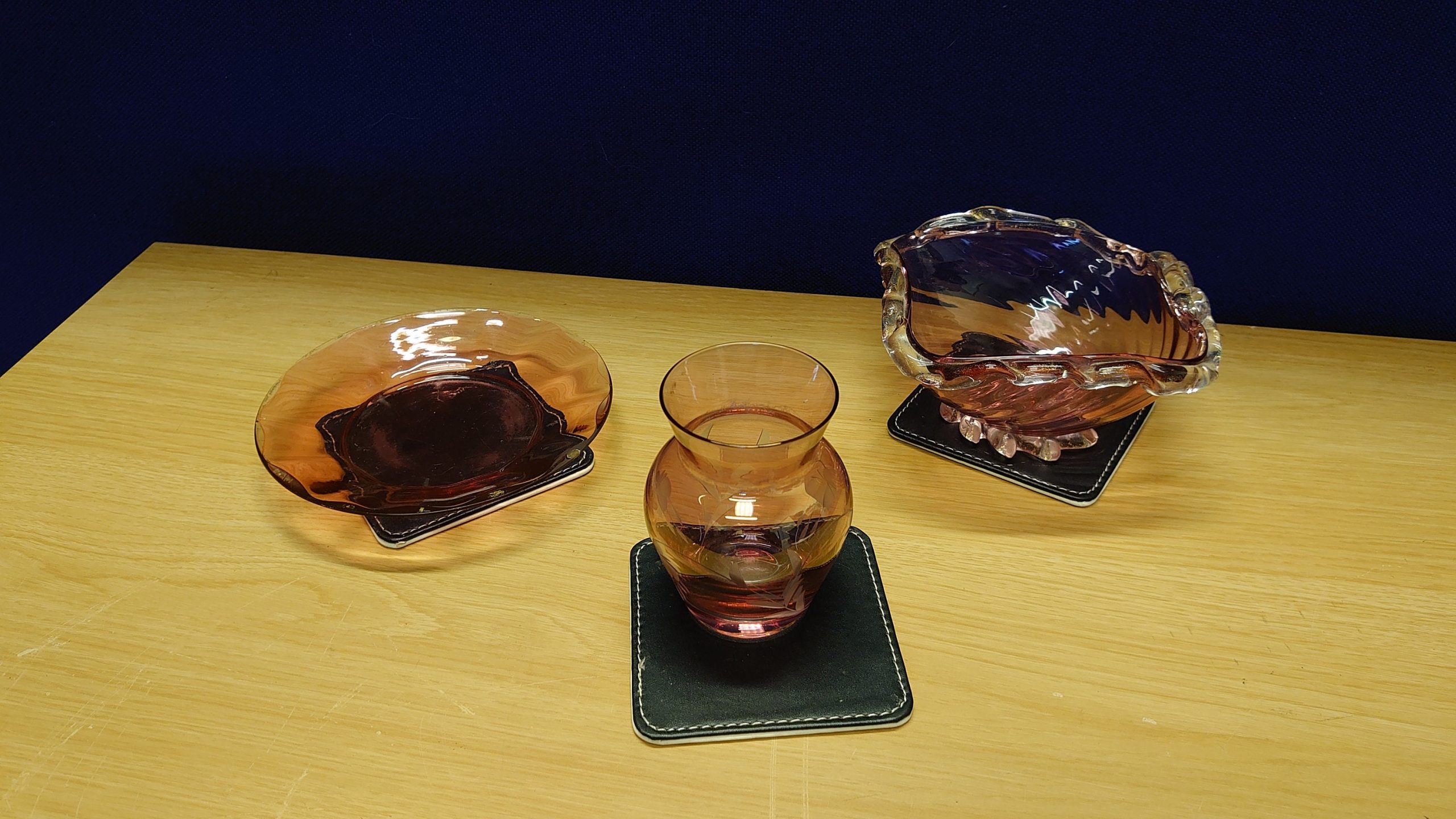 Three Pieces of Pink or Pale Purple Glassware - Vase, Bowl and Saucer - Excellent Trio - Good Condition