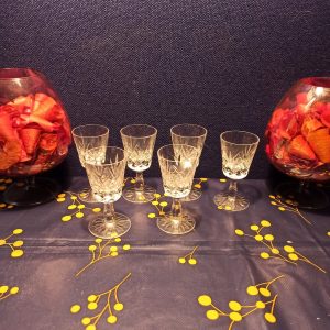 Set of 6  Liqueur Cordial Stem Glasses. Star Cut Base Design. Excellent Condition.