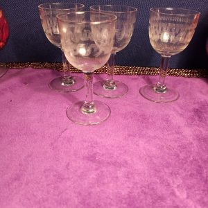 Set of Liqueur / Cordial Glasses. Wonderful Etched Castellated Design. Very Good Condition.