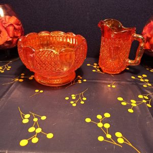 Vintage Orange Carnival Glass. Milk Jug and Sugar Bowl. 1950s.