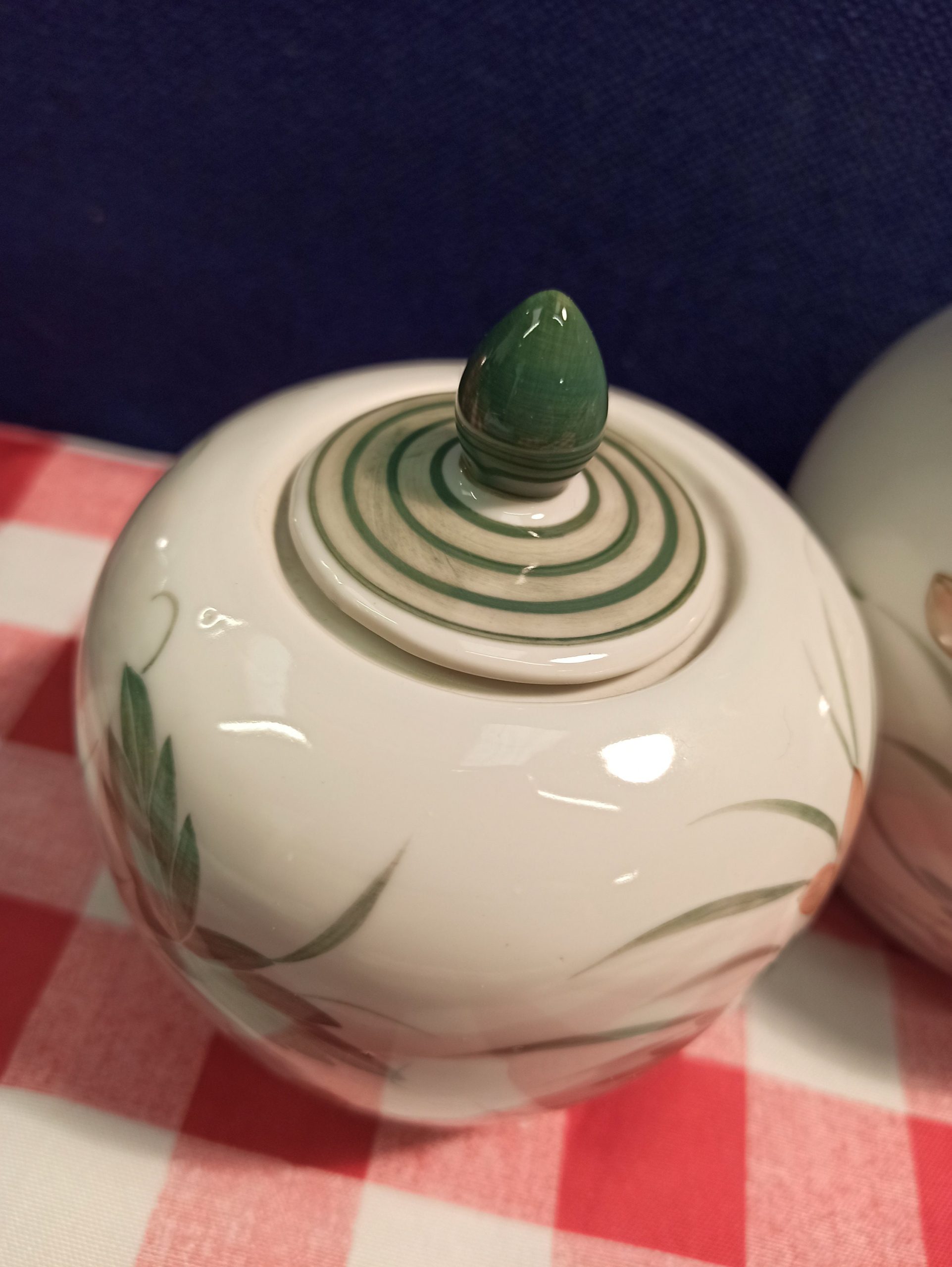 Set of 3 Taiwanese Decorative Hand Painted Kitchenware Items. Jug Vase, Lidded Ginger Jar and Posy Vase. - Image 4