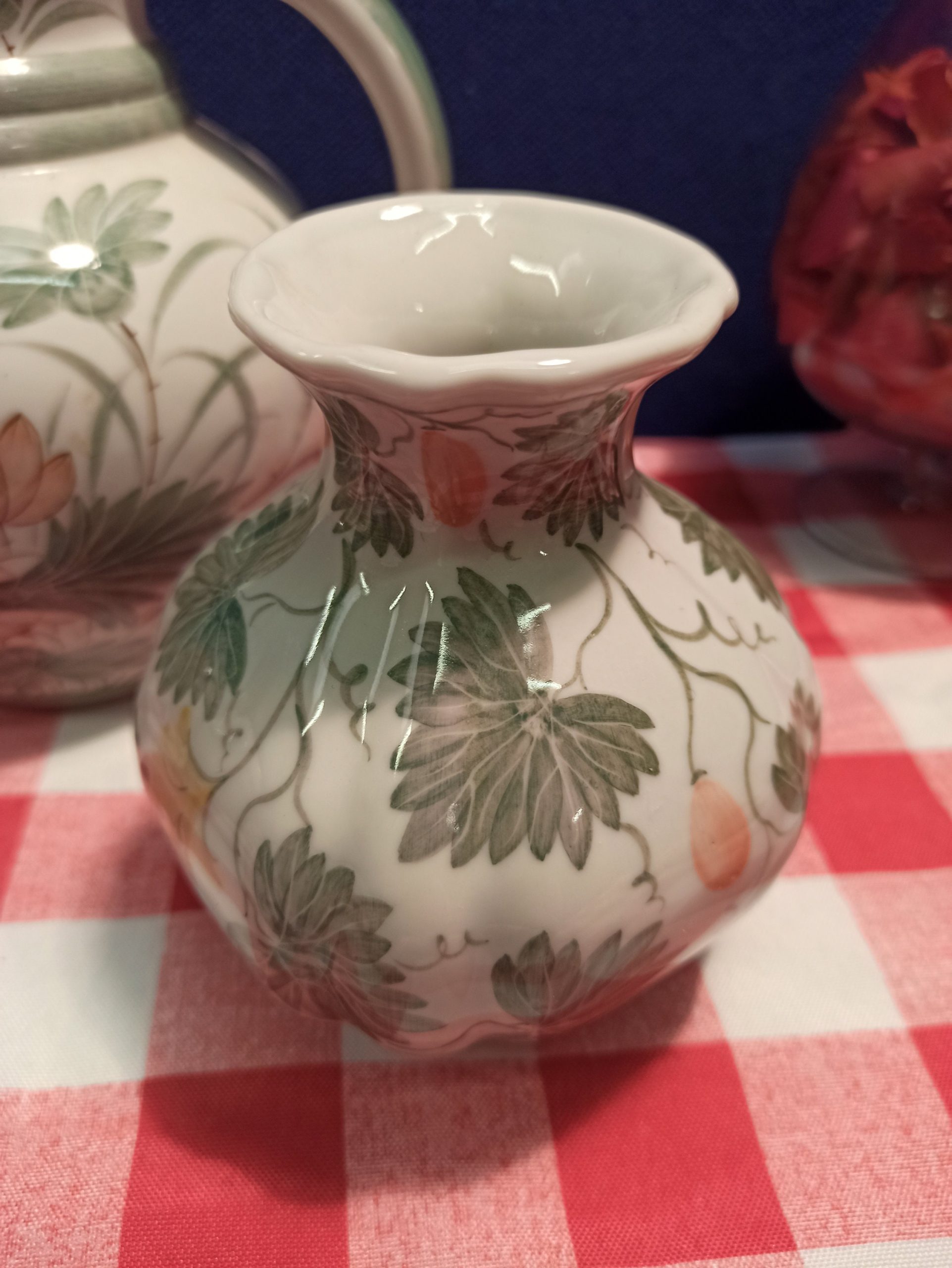 Set of 3 Taiwanese Decorative Hand Painted Kitchenware Items. Jug Vase, Lidded Ginger Jar and Posy Vase. - Image 8