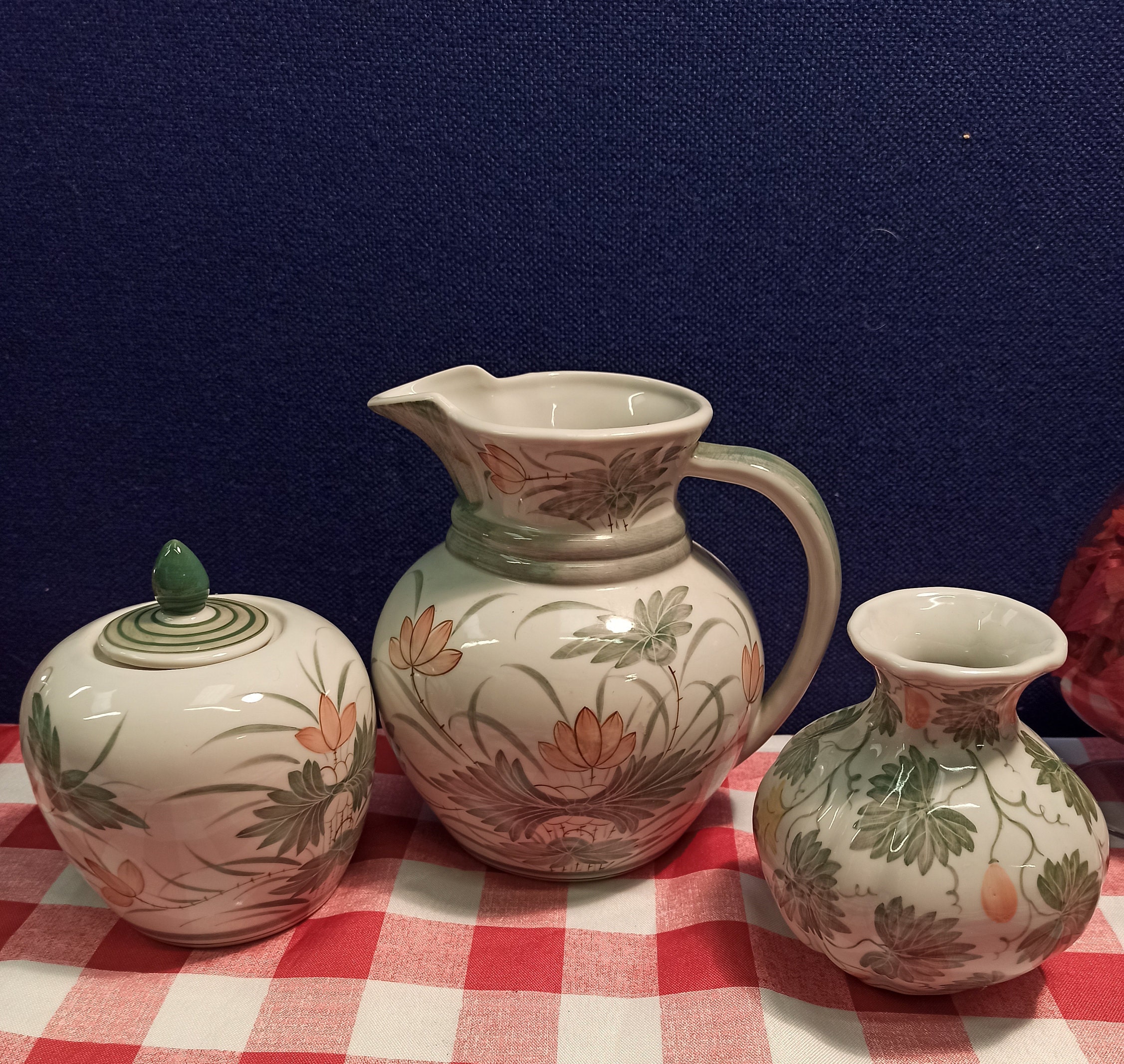 Set of 3 Taiwanese Decorative Hand Painted Kitchenware Items. Jug Vase, Lidded Ginger Jar and Posy Vase. - Image 2
