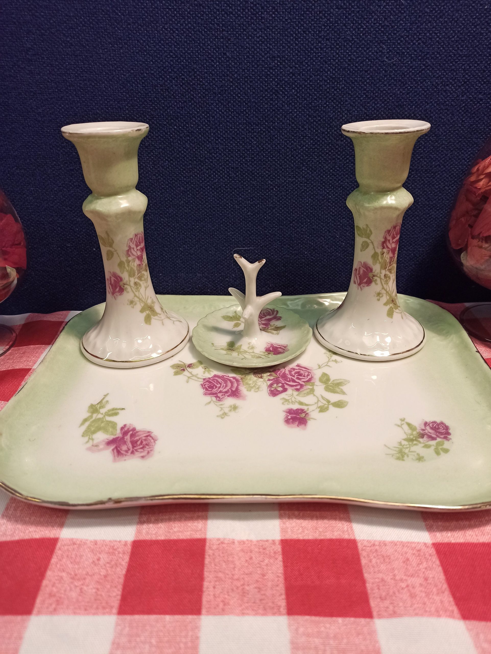 Decorative Dressing Table Vanity Set. Dressing Table Base, Two Candlesticks and Ring Tree. Very Good Condition. - Image 2