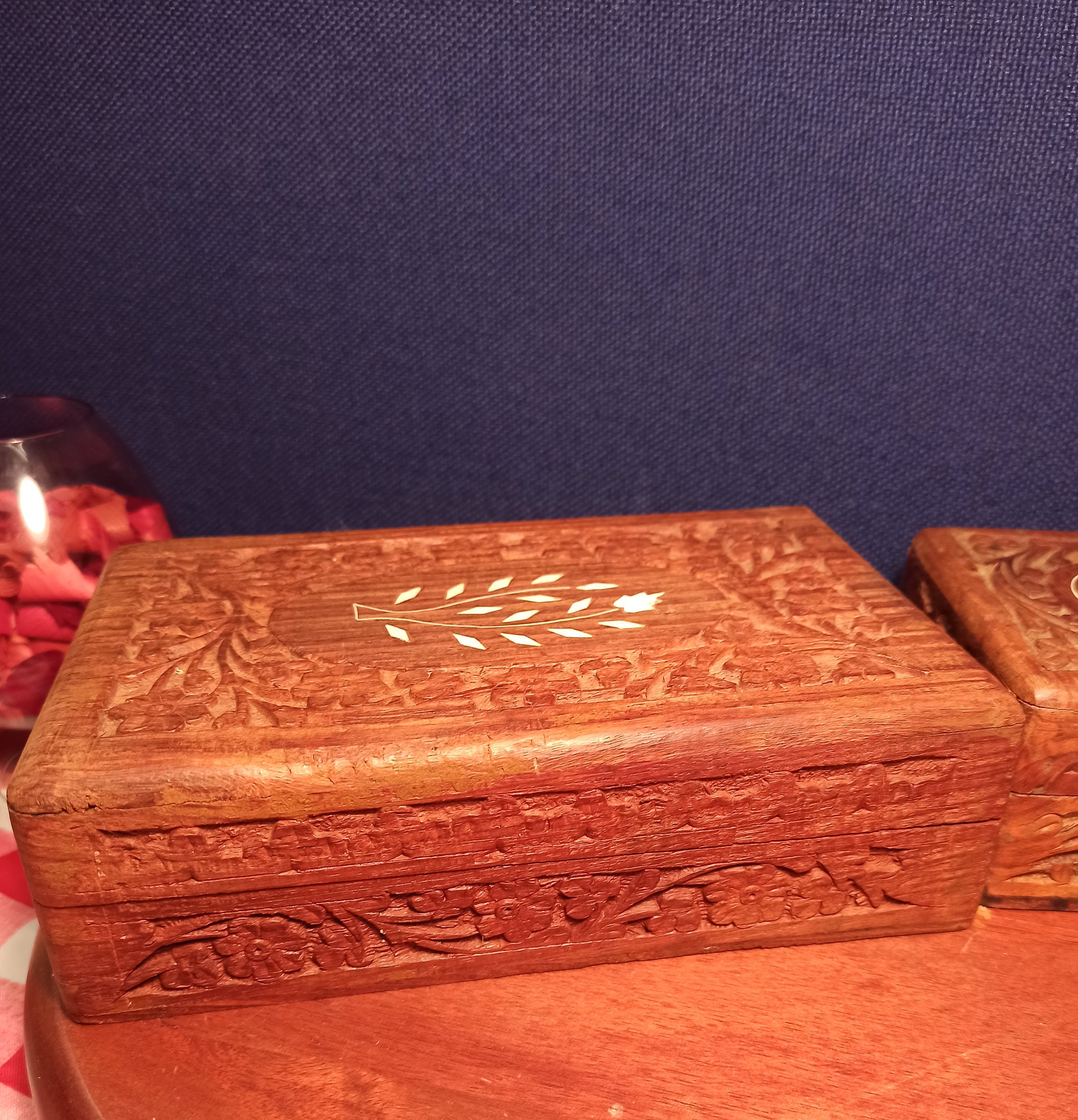 Pair of Carved Wooden Jewellery Boxes With Mother of Pearl Inlay. Good Condition. - Image 2