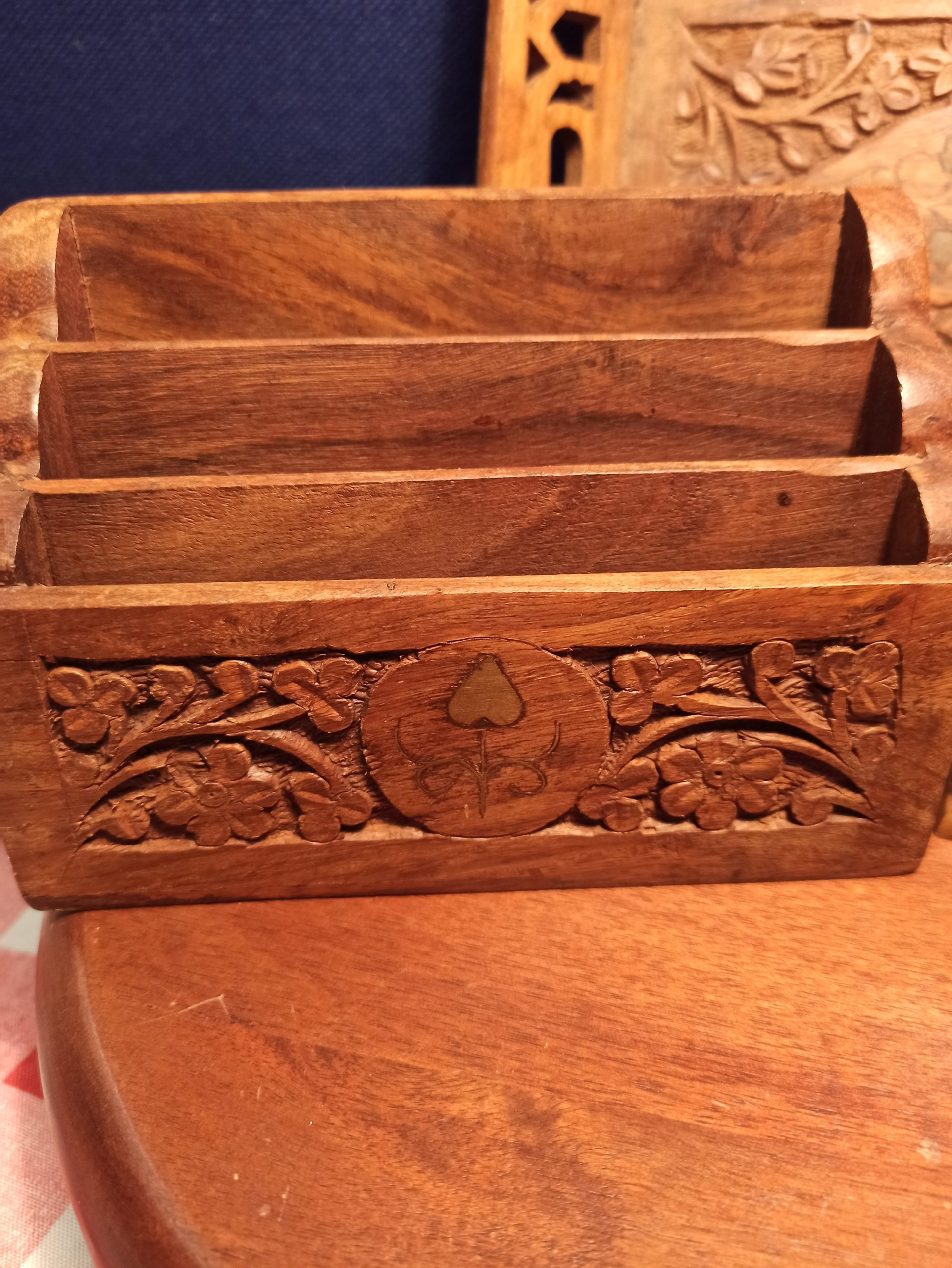 Trio of Treen, Carved Wooden Items. Letter Rack, Chinese or Japanese Coasters and Tray. Good Condition. - Image 3