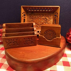 Trio of Treen, Carved Wooden Items. Letter Rack, Chinese or Japanese Coasters and Tray. Good Condition.