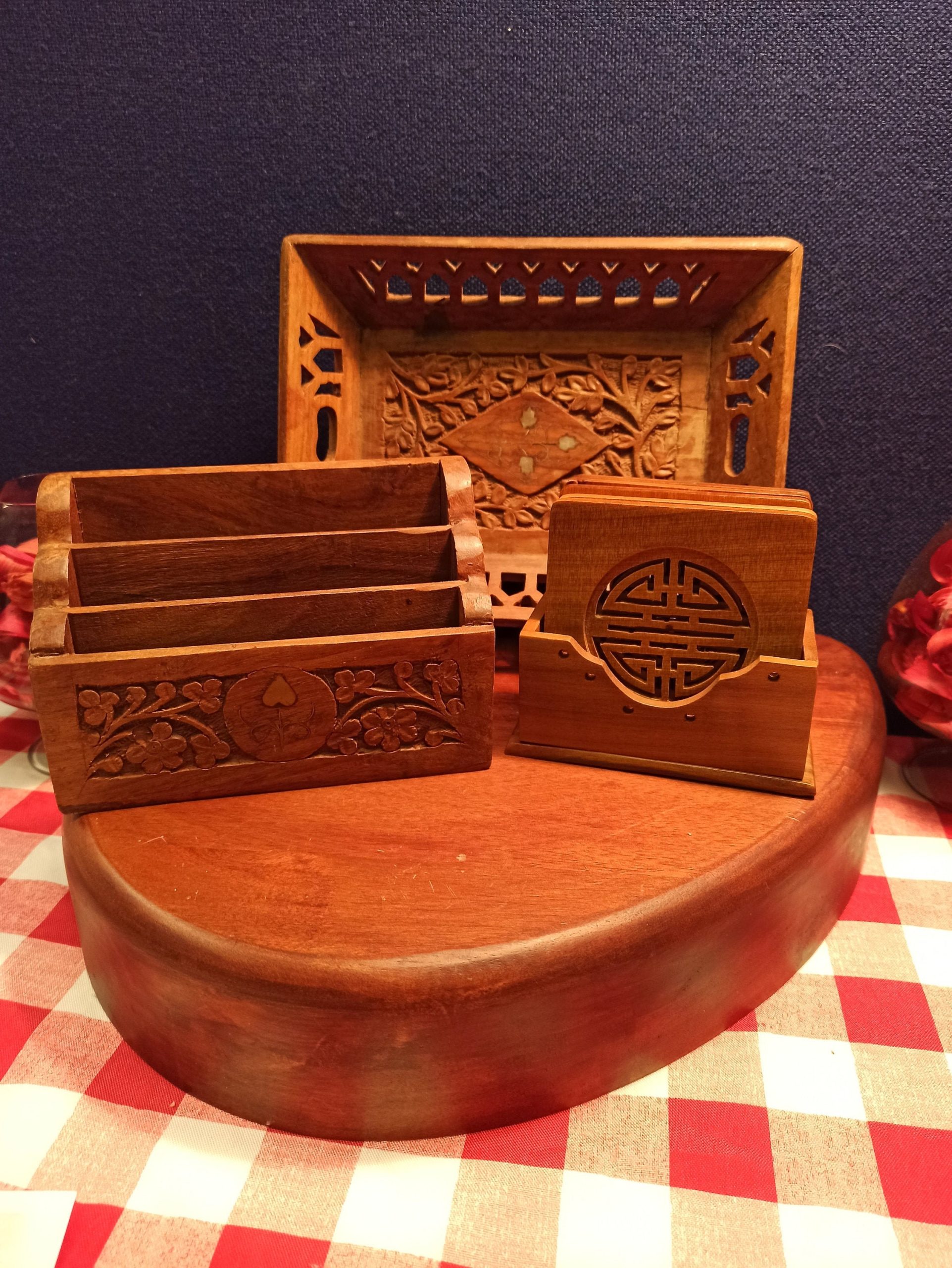 Trio of Treen, Carved Wooden Items. Letter Rack, Chinese or Japanese Coasters and Tray. Good Condition.