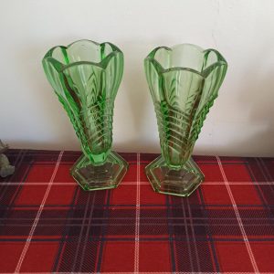 A Pair of Green Art Deco Style Vases. Chevron Pattern Design. Excellent Condition.