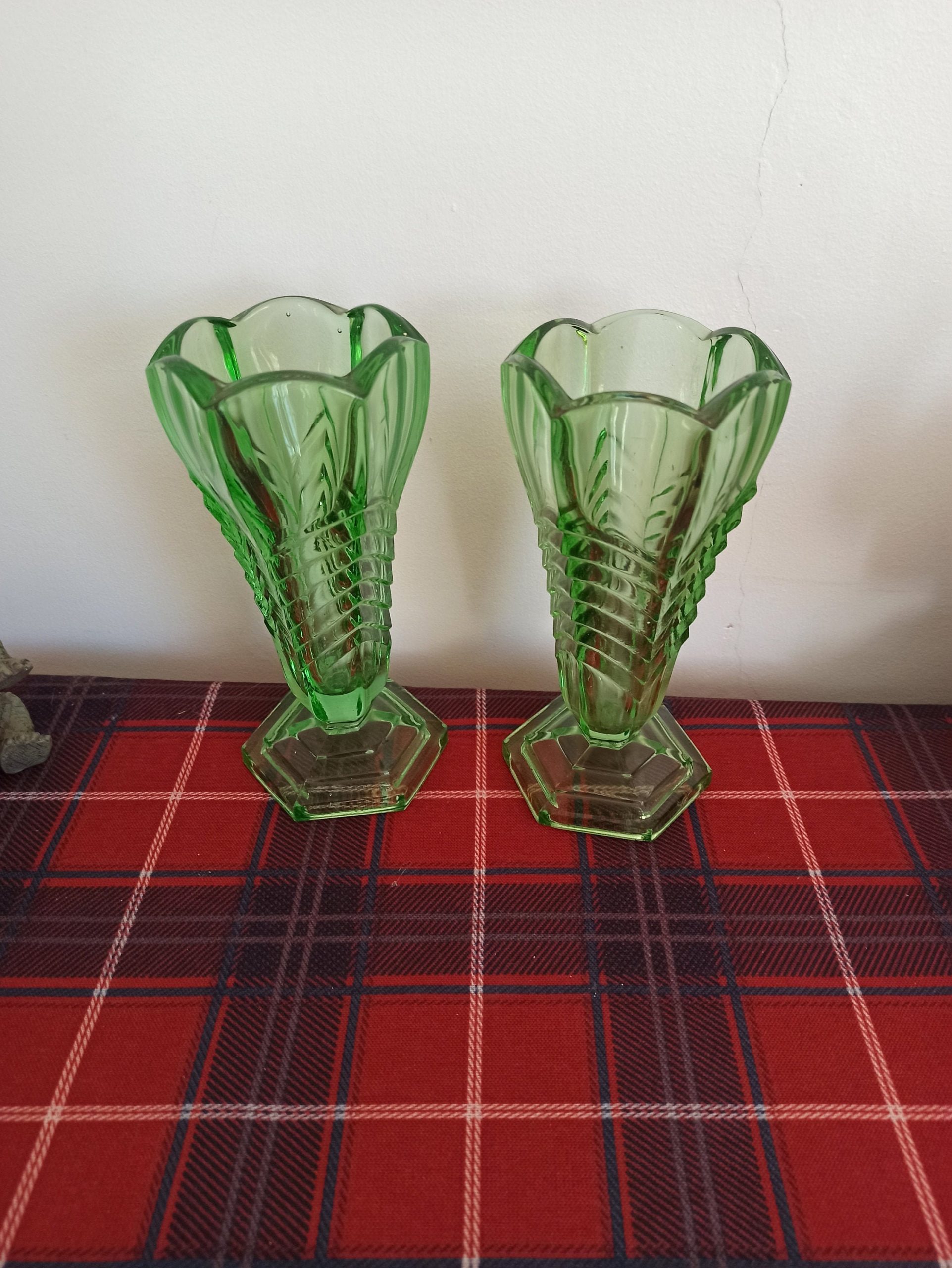 A Pair of Green Art Deco Style Vases. Chevron Pattern Design. Excellent Condition.
