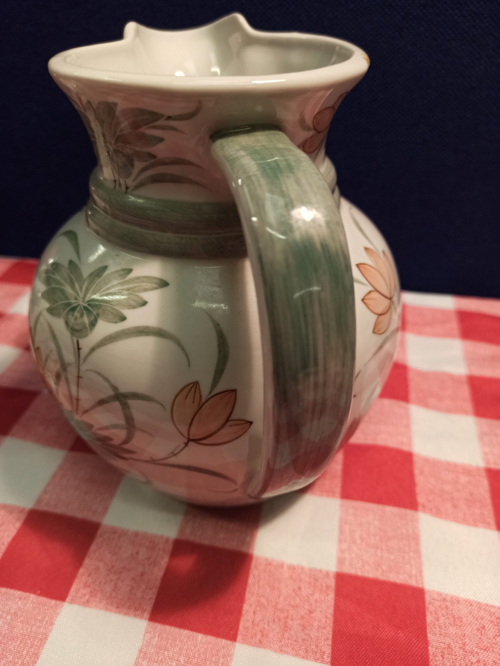 Set of 3 Taiwanese Decorative Hand Painted Kitchenware Items. Jug Vase, Lidded Ginger Jar and Posy Vase. - Image 3
