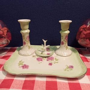 Decorative Dressing Table Vanity Set. Dressing Table Base, Two Candlesticks and Ring Tree. Very Good Condition.