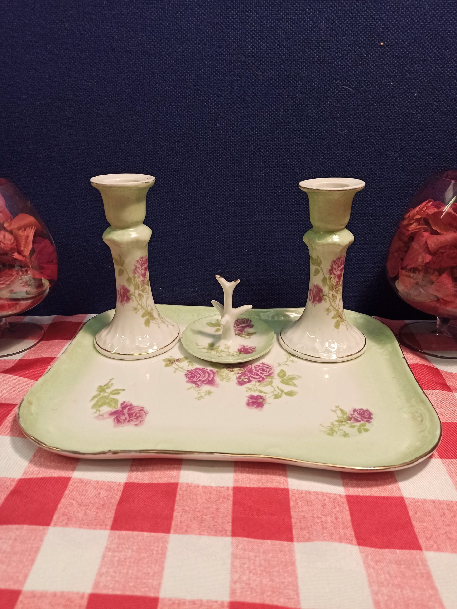 Decorative Dressing Table Vanity Set. Dressing Table Base, Two Candlesticks and Ring Tree. Very Good Condition.