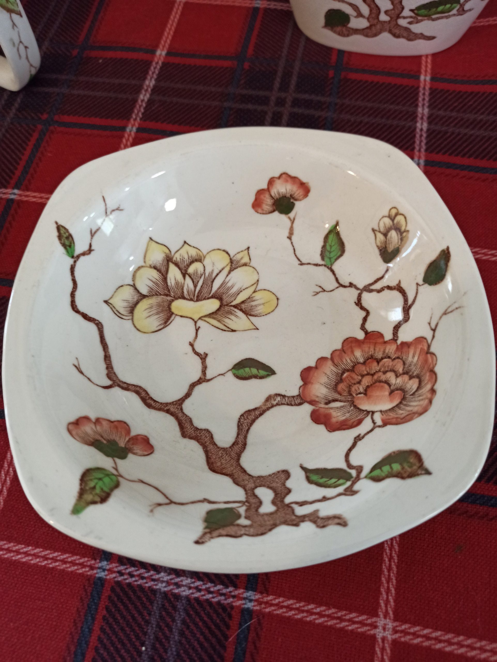 Burslem Midwinter Tea set. Designed by Jessie Tait. Teapot, Milk Jug and Sugar Bowl. "Ming Tree". - Image 6