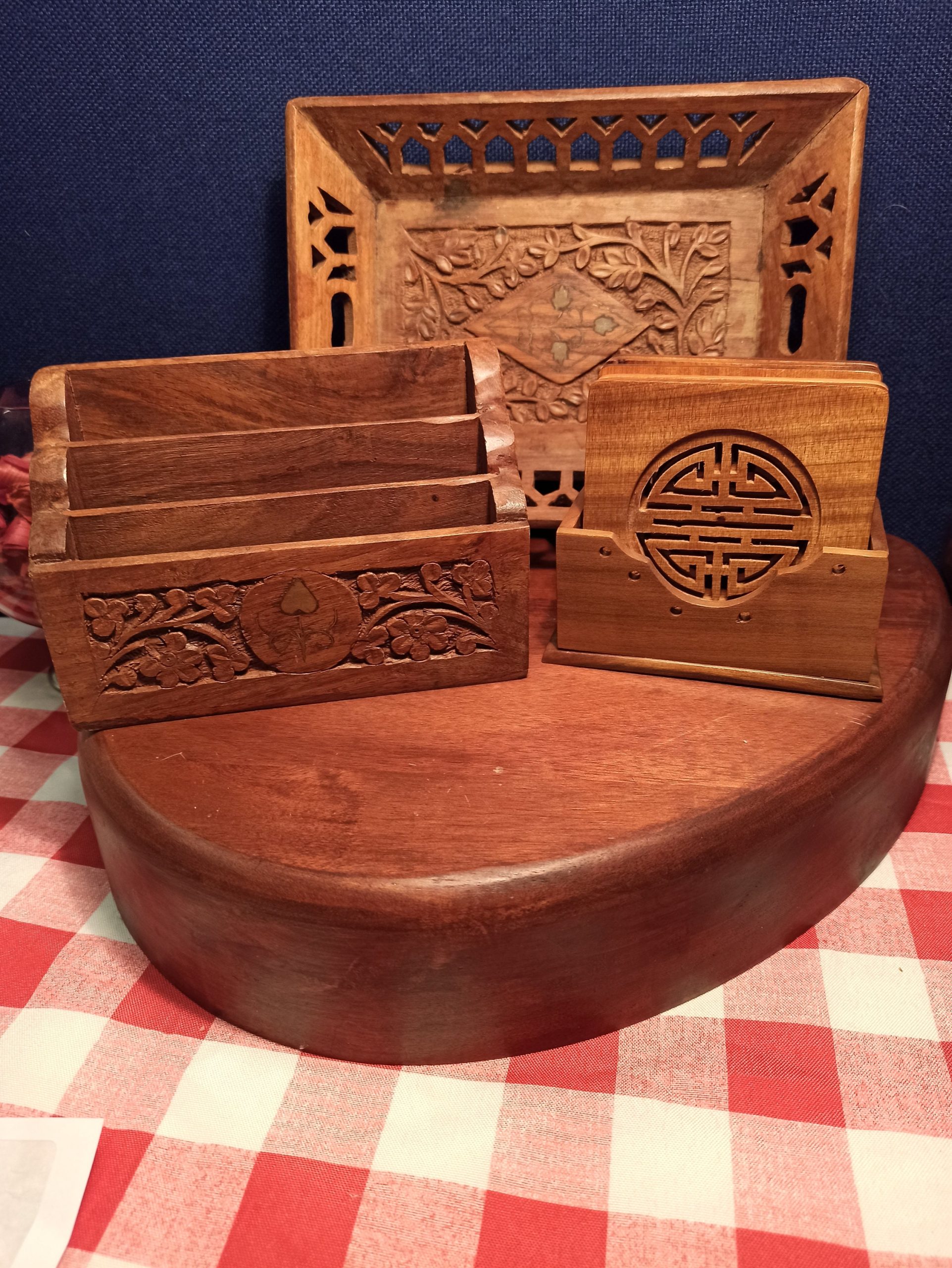 Trio of Treen, Carved Wooden Items. Letter Rack, Chinese or Japanese Coasters and Tray. Good Condition. - Image 2