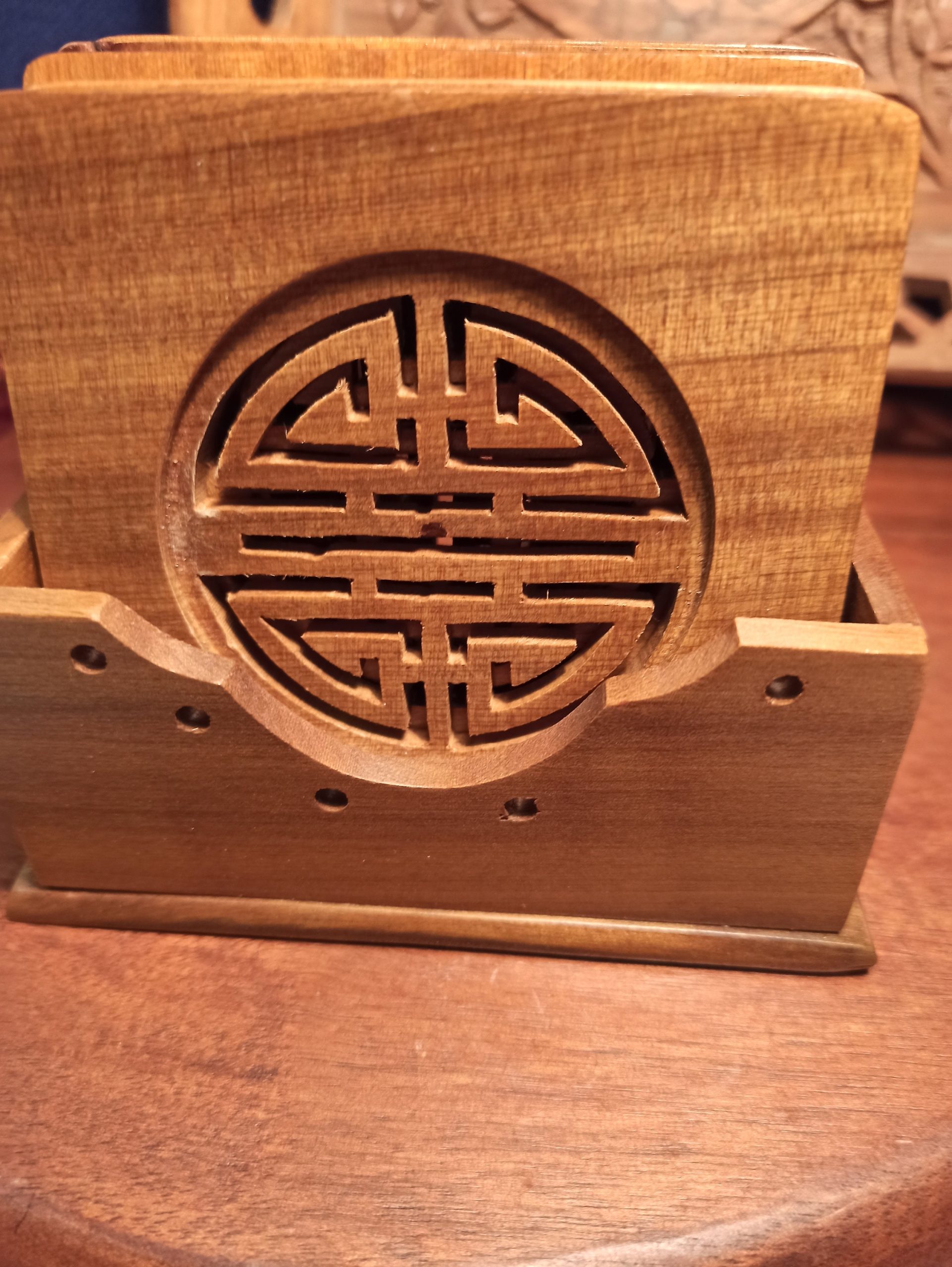Trio of Treen, Carved Wooden Items. Letter Rack, Chinese or Japanese Coasters and Tray. Good Condition. - Image 6
