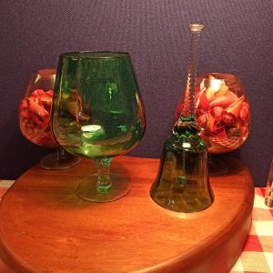 Green Decorative Oversized Brandy Glass and Bell. Very Good Condition.