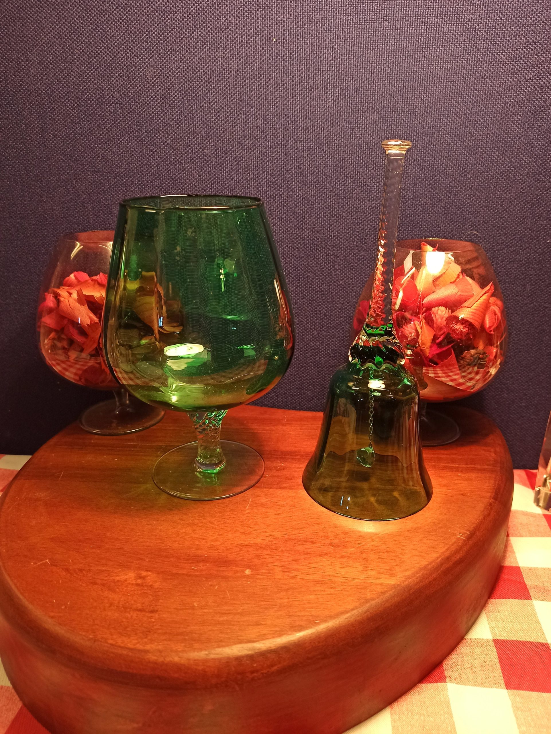 Green Decorative Oversized Brandy Glass and Bell. Very Good Condition.