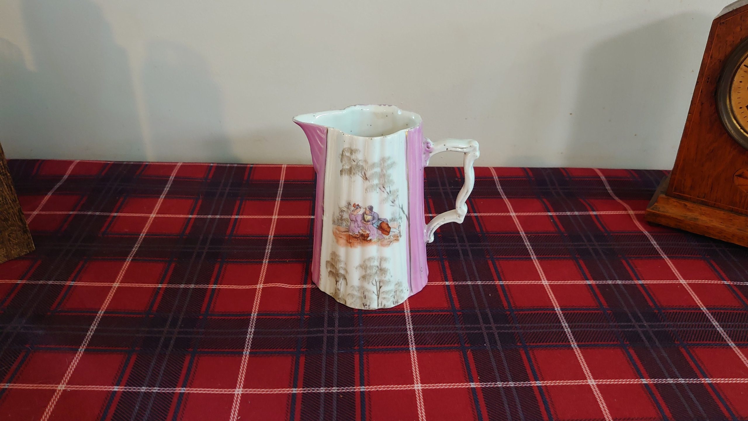 German Pink and White Decorative Milk Jug - Man and Woman Sitting - 14cm tall - Image 2