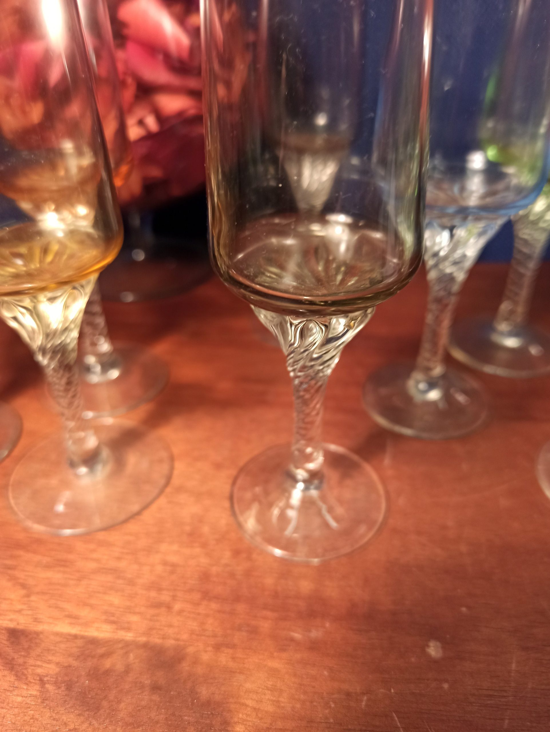 Set of 8 Liqueur / Sherry Glasses. Barley Twist Stem. Various Colours. Very Good Condition. - Image 8