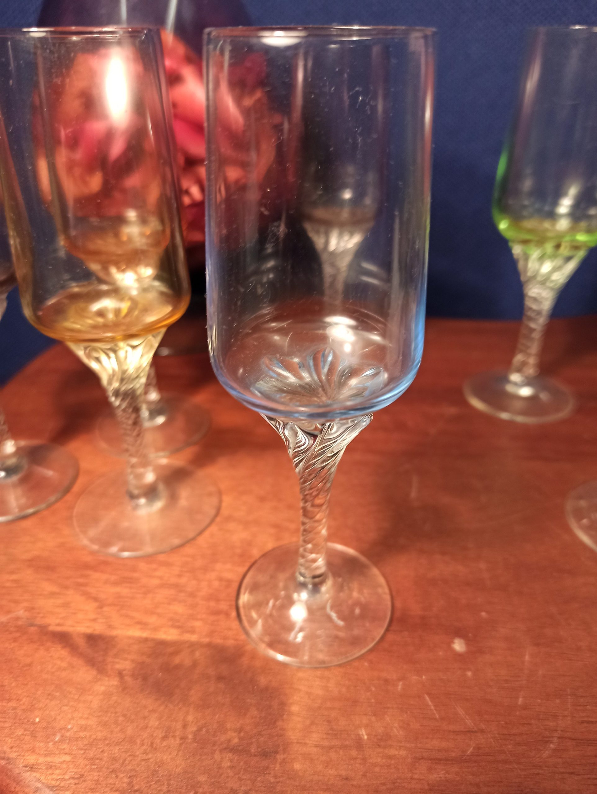 Set of 8 Liqueur / Sherry Glasses. Barley Twist Stem. Various Colours. Very Good Condition. - Image 9