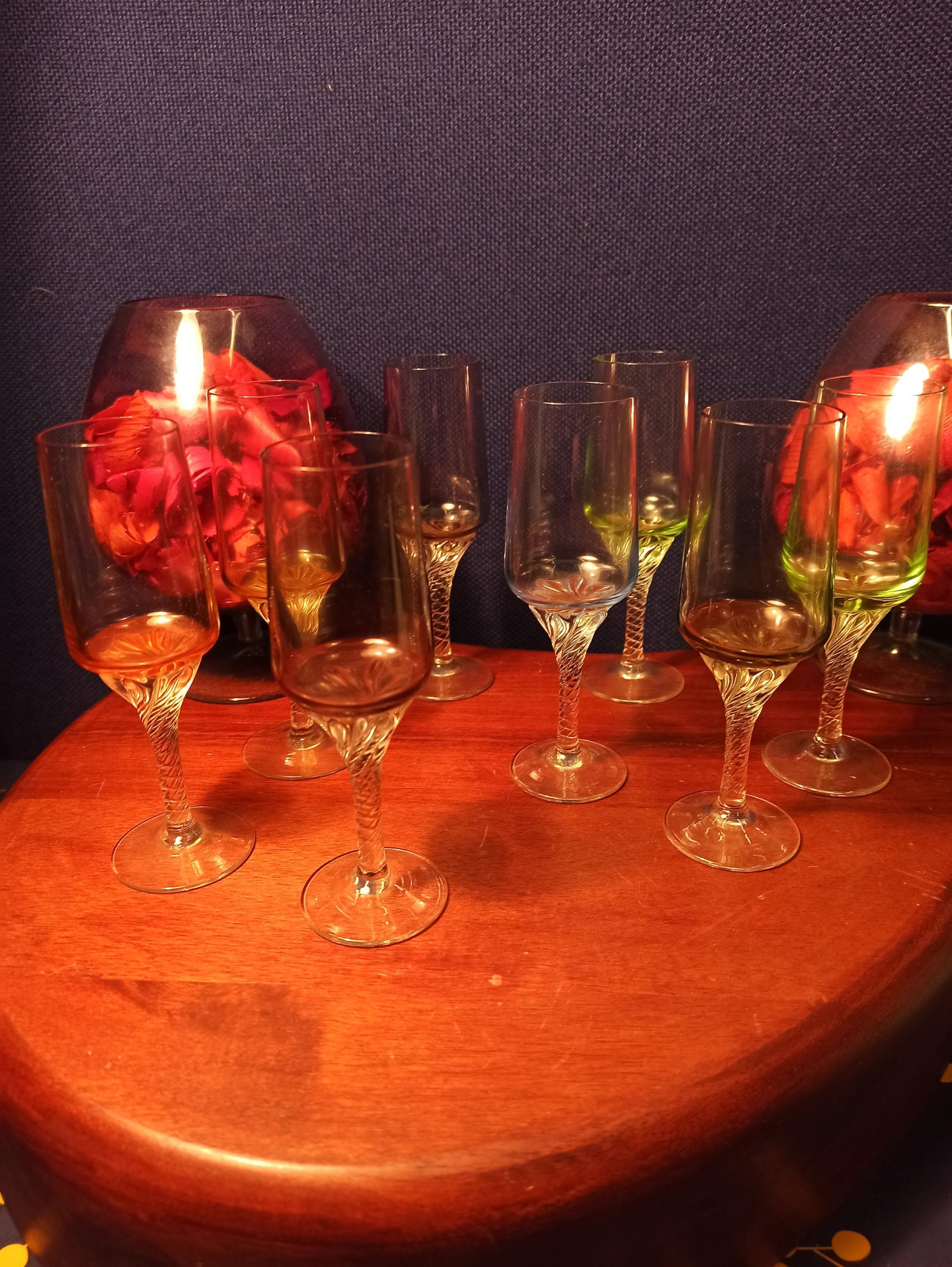 Set of 8 Liqueur / Sherry Glasses. Barley Twist Stem. Various Colours. Very Good Condition. - Image 10