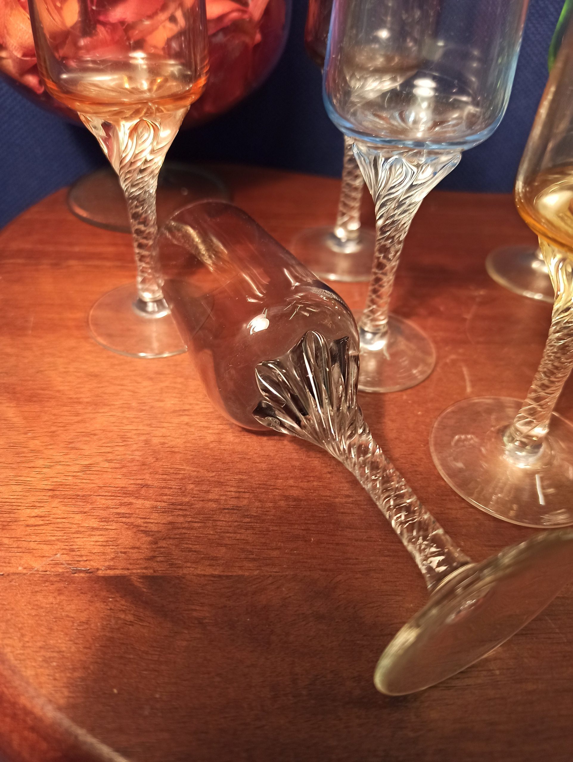 Set of 8 Liqueur / Sherry Glasses. Barley Twist Stem. Various Colours. Very Good Condition. - Image 3