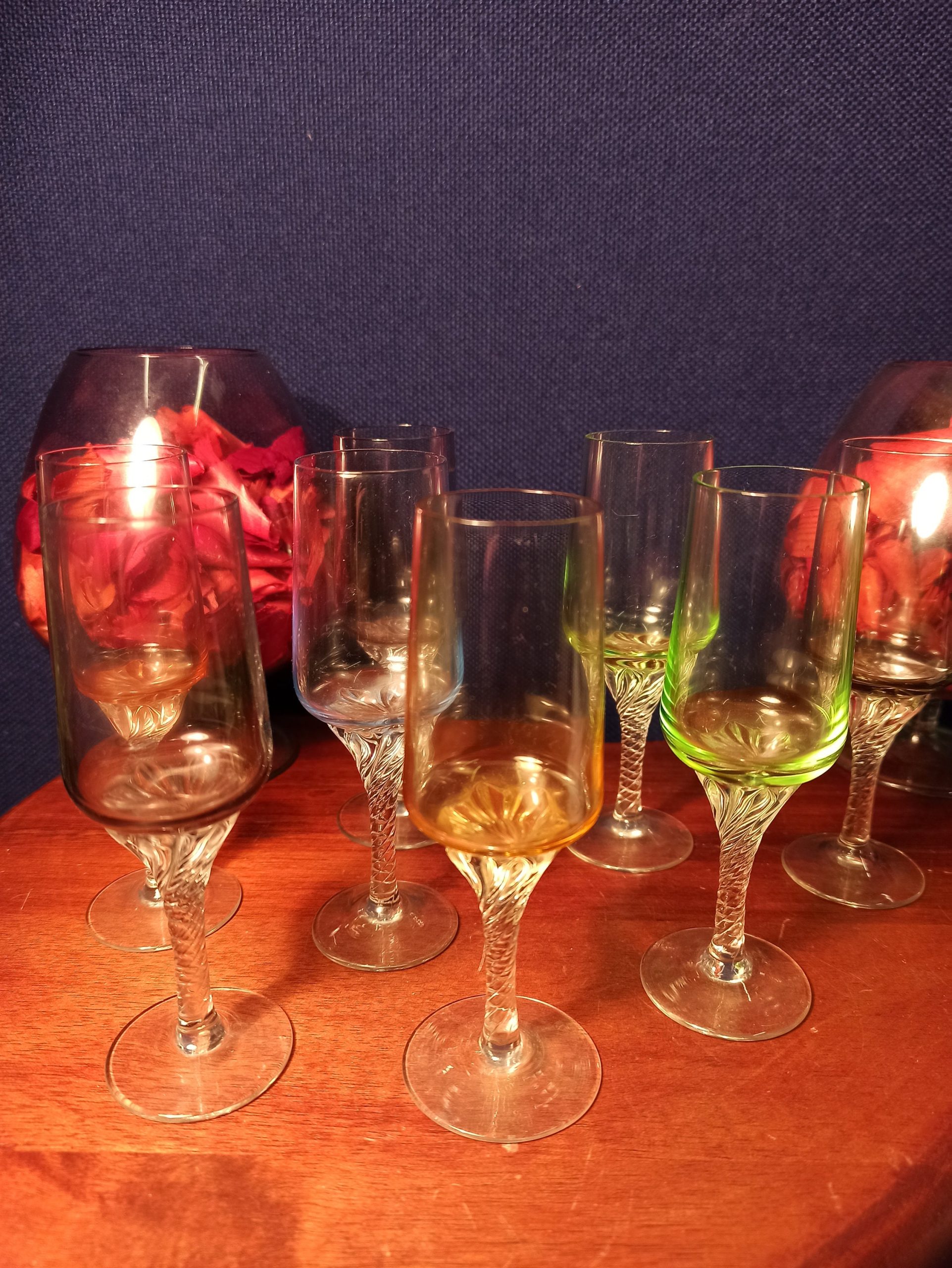 Set of 8 Liqueur / Sherry Glasses. Barley Twist Stem. Various Colours. Very Good Condition. - Image 2