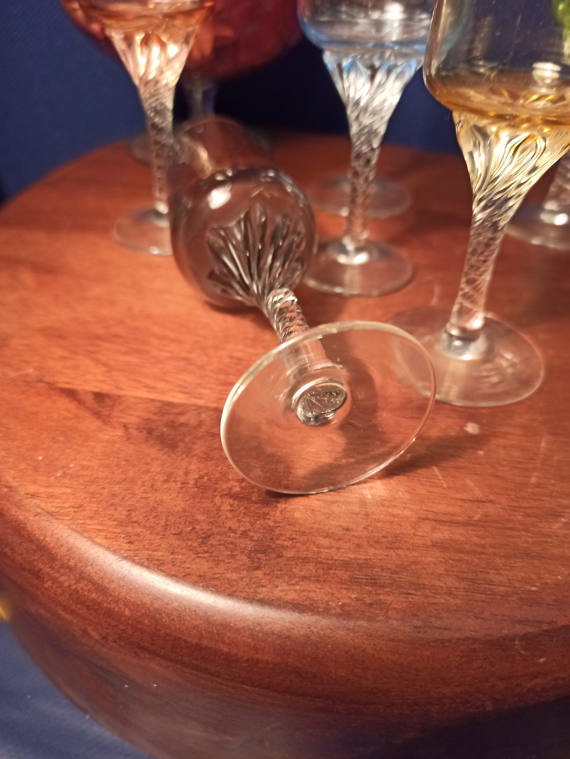 Set of 8 Liqueur / Sherry Glasses. Barley Twist Stem. Various Colours. Very Good Condition. - Image 4
