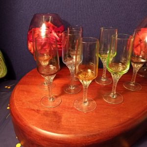 Set of 8 Liqueur / Sherry Glasses. Barley Twist Stem. Various Colours. Very Good Condition.