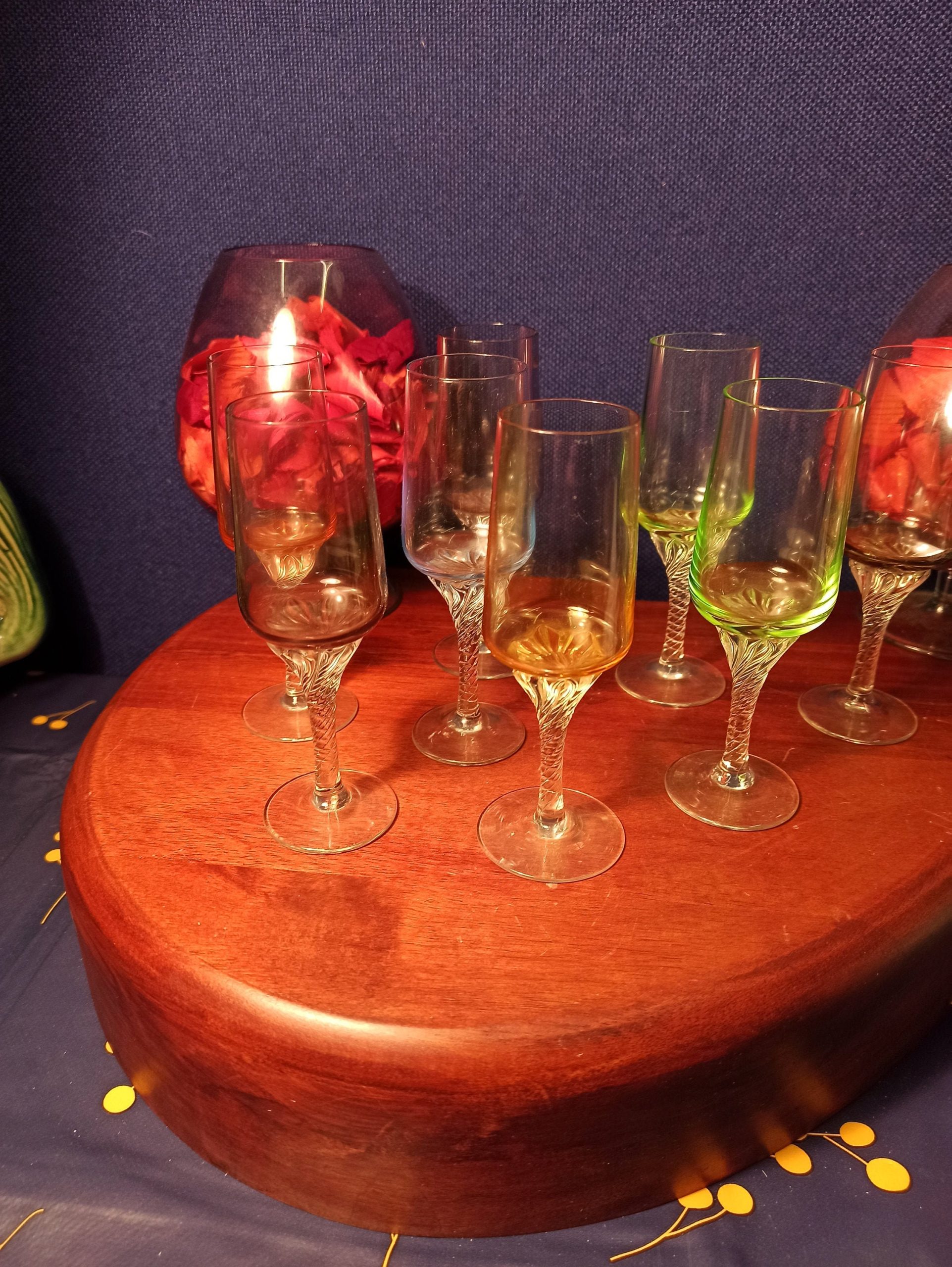 Set of 8 Liqueur / Sherry Glasses. Barley Twist Stem. Various Colours. Very Good Condition.